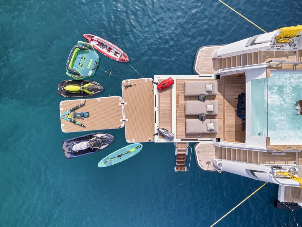 Luxury yacht with various water toys
